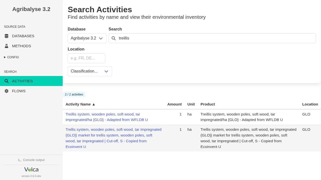 Volca search results in Agribalyse 3.2 showing two matching activities for the query treillis, illustrating typo tolerance between trellis and treillis.