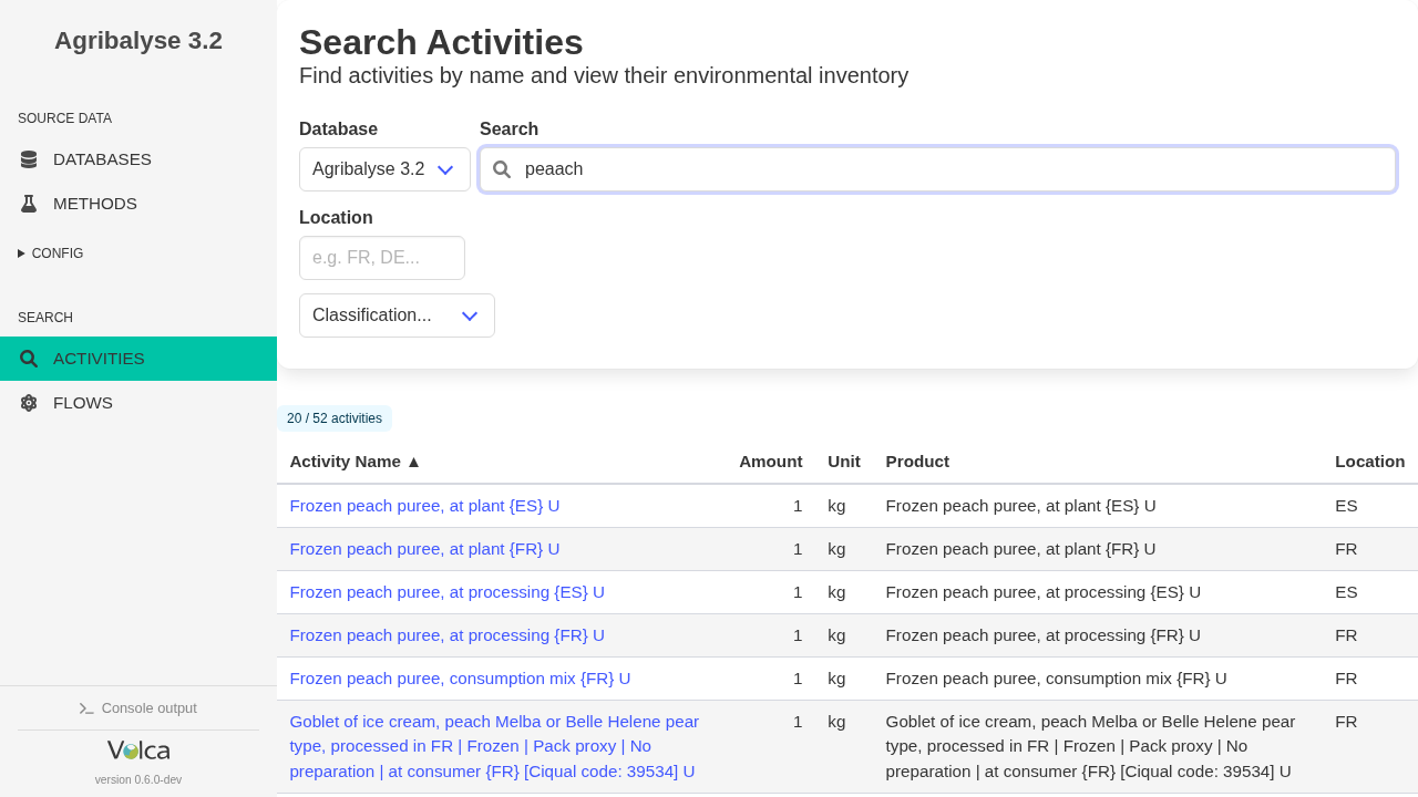 Volca activity search in Agribalyse 3.2 showing the typo query peaach and matching frozen peach puree activities, including frozen peach puree at processing in Spain.