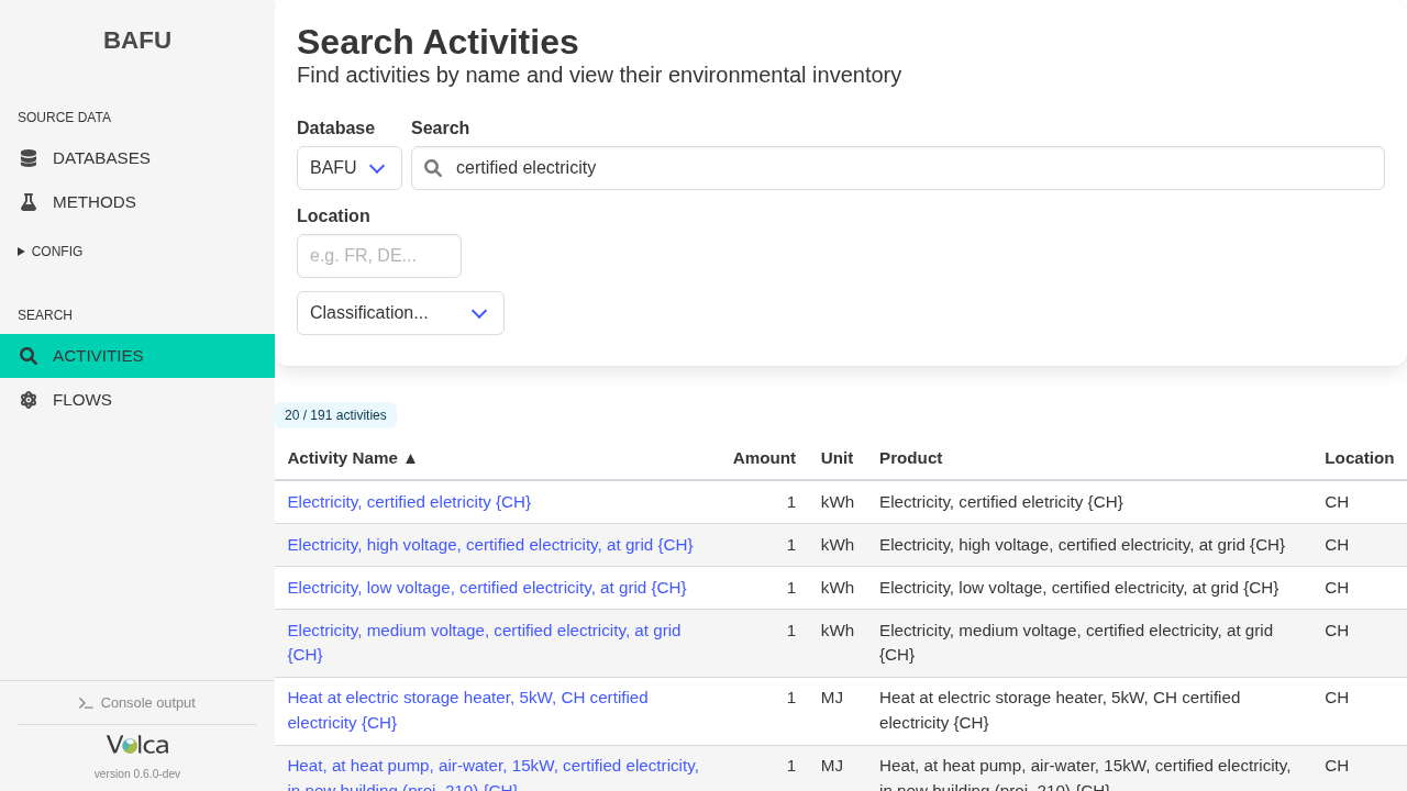 Volca search results on the BAFU database for certified electricity, showing Swiss electricity processes including low-, medium-, and high-voltage certified electricity at grid.